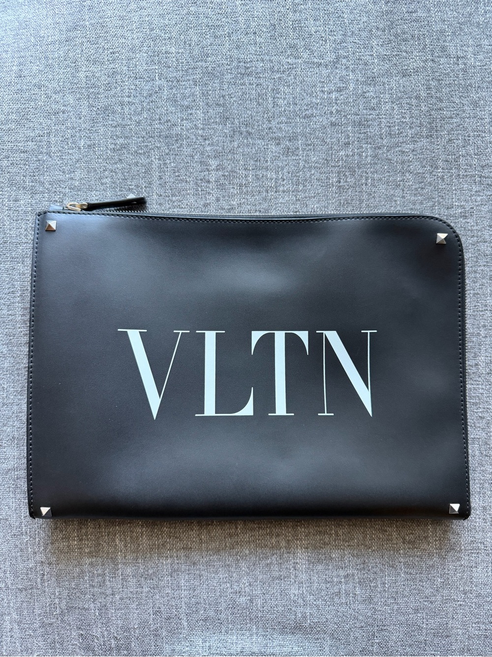 Valentino Garavani VLTN Black Leather Zip Pouch with Stud Accents